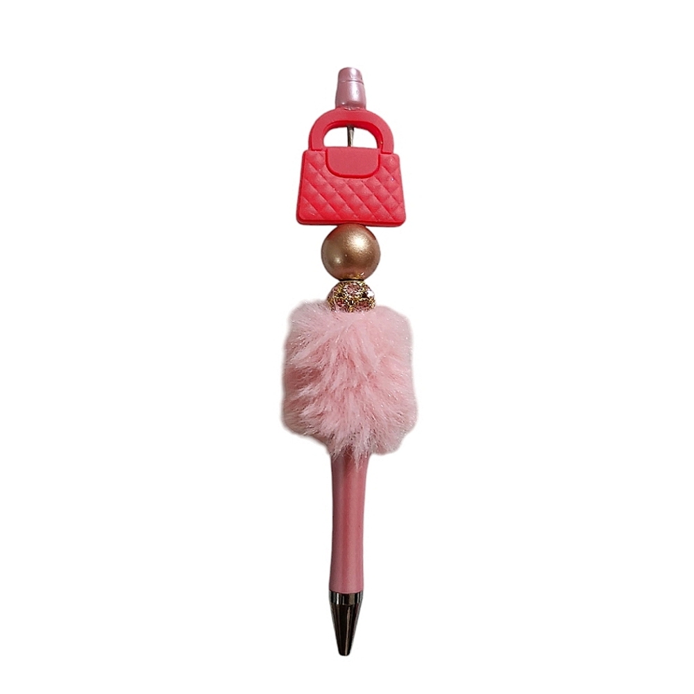 Fashion Fancy Mini Bag Fur Beaded Ballpoint Twist Pen Pink Topper